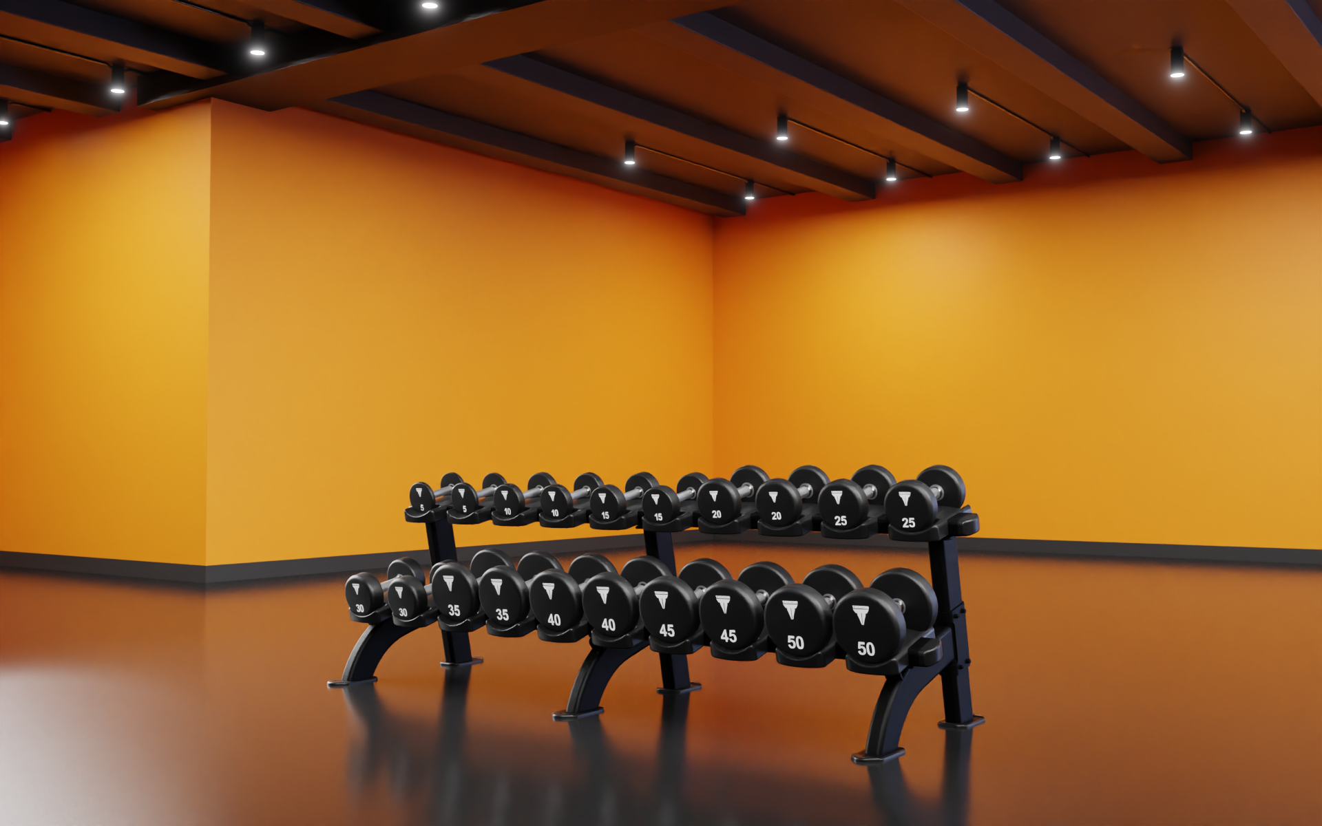 Set of dumbbells on a rack against an orange wall in a gym.