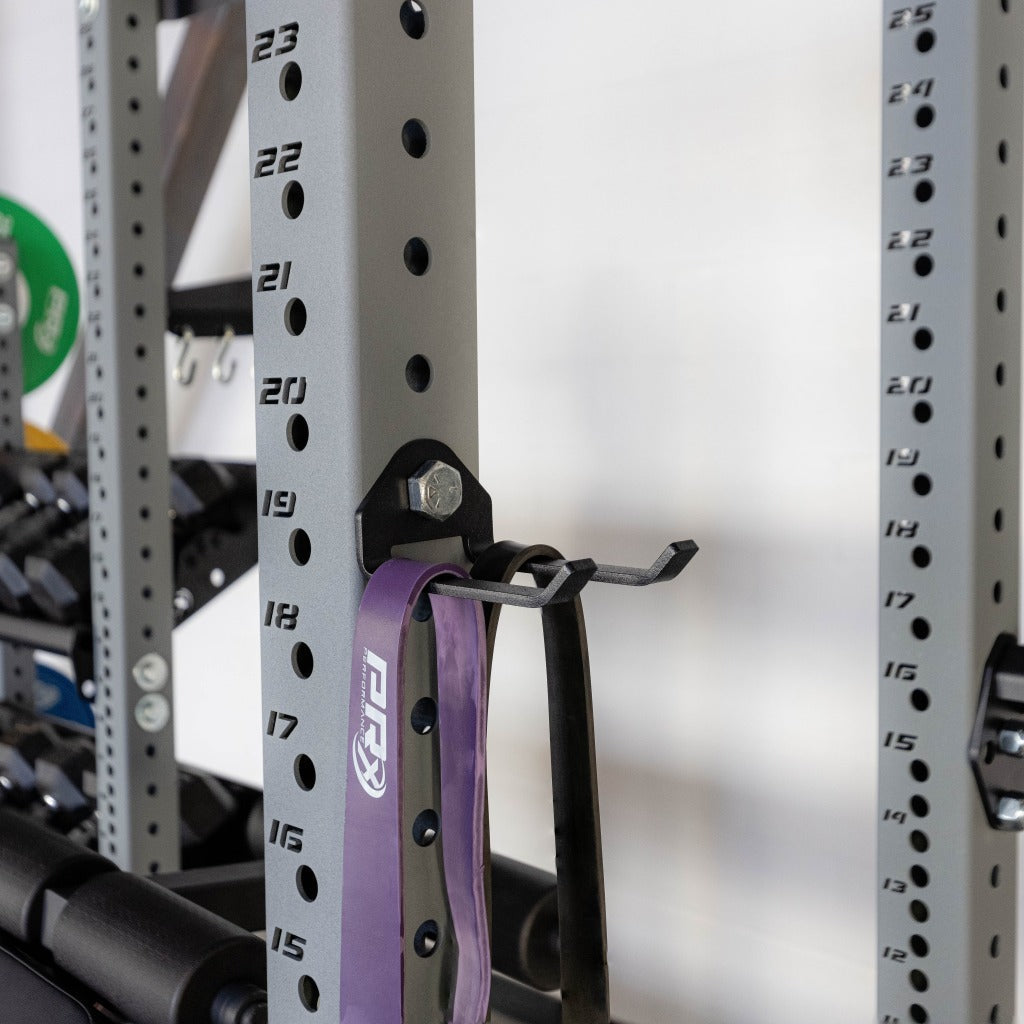 Close-up of the black powder coated Build Limitless storage hook bracket
