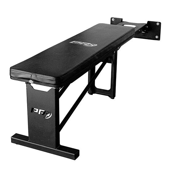 PRx Profile Flat Folding Weight Bench deployed inside a wall-mounted rack