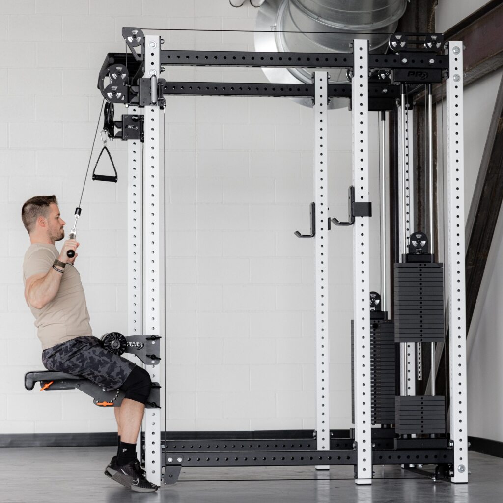 Lat pulldown performed inside the 6-Post Functional Trainer cage