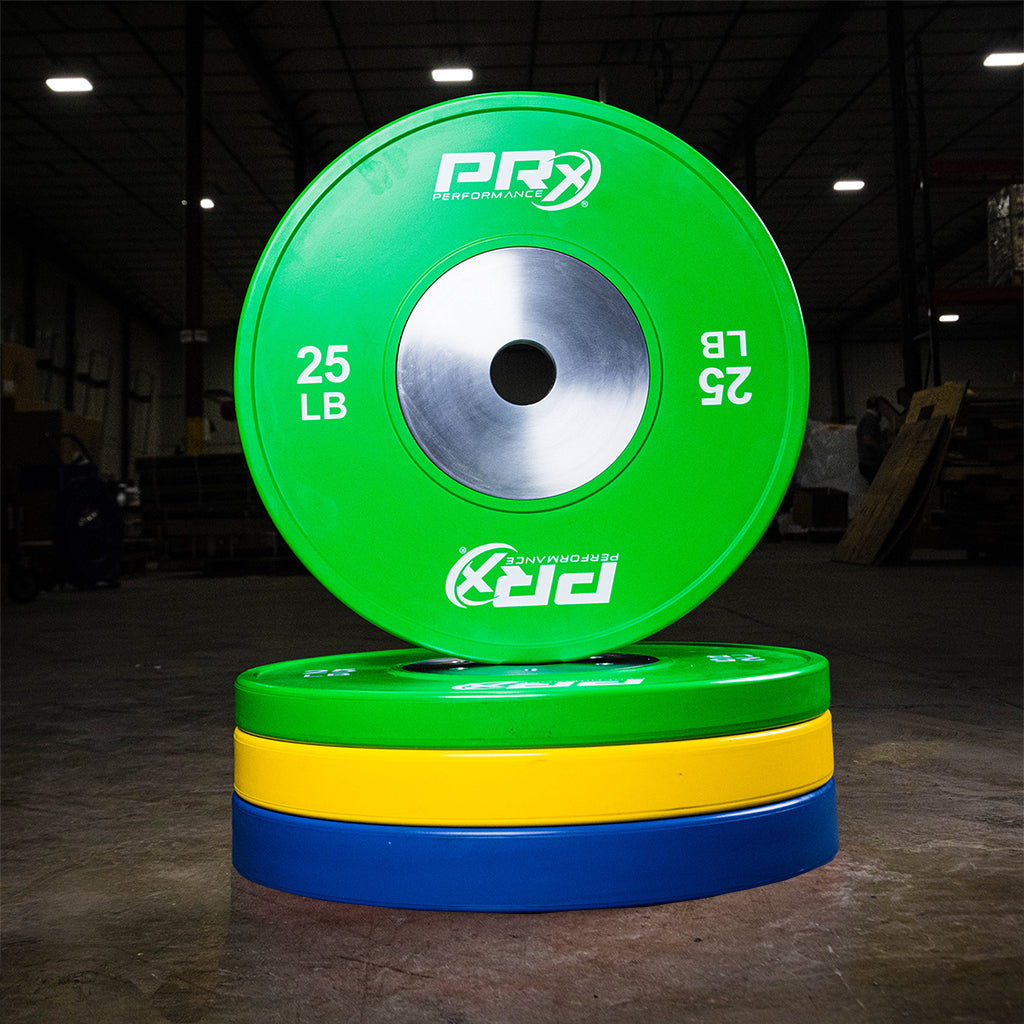 PRx Elite Competition Bumper Plates 25 lb and 45 lb size comparison