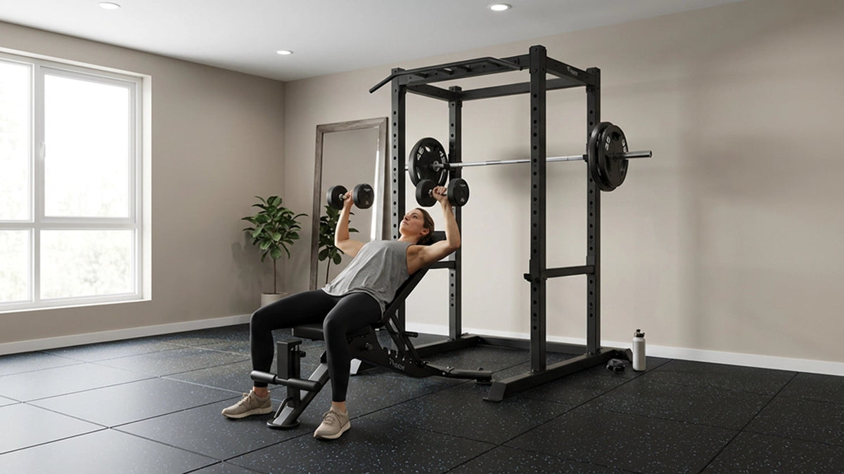 Woman training on the Vision Fitness 300-FIDB Adjustable Weight Bench