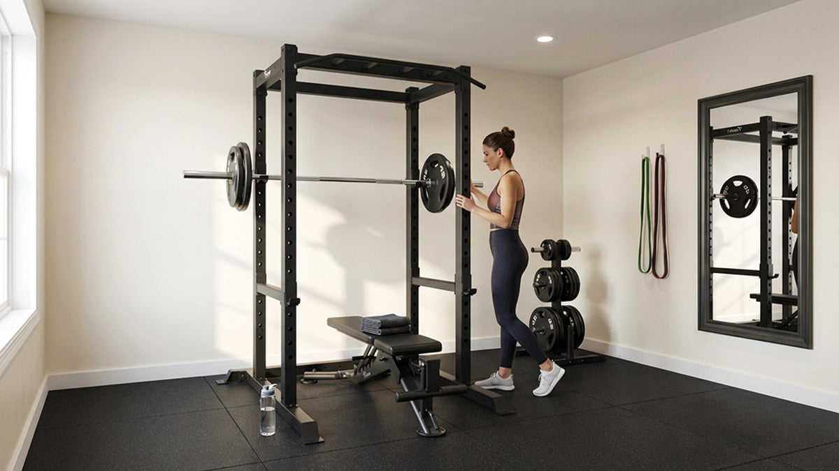 Woman training on the Vision Fitness 300-PR Power Rack