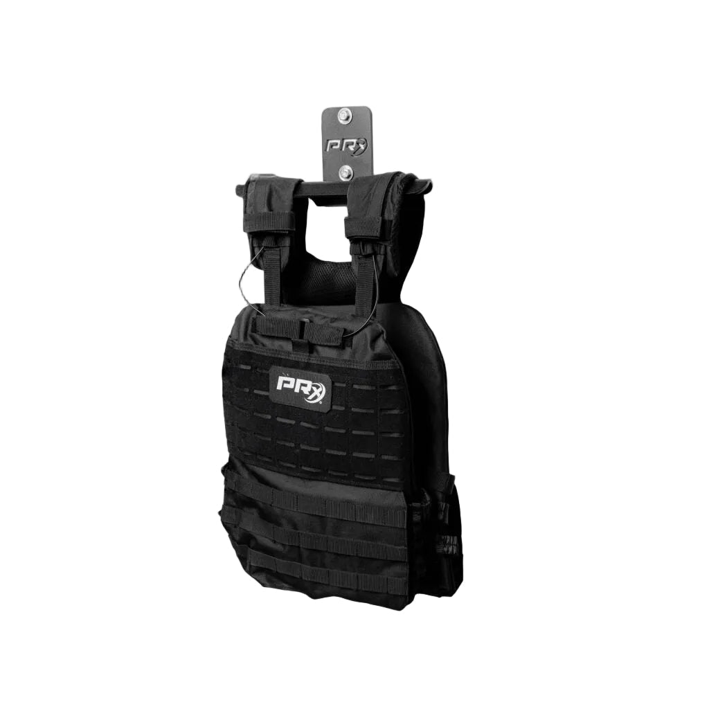 Black powder-coated PRx Weight Vest Storage bracket in a home gym