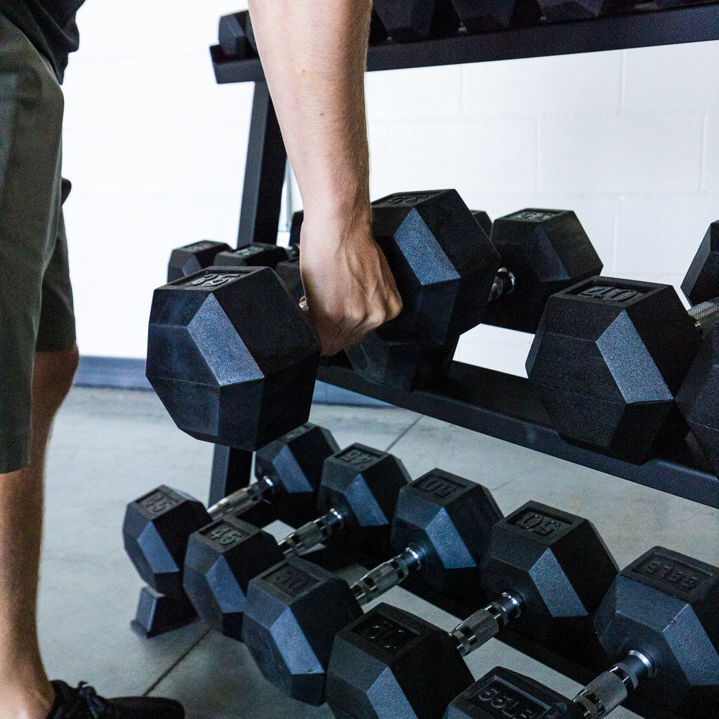 Angled view of the PRx 42 inch dumbbell rack showing its slim depth