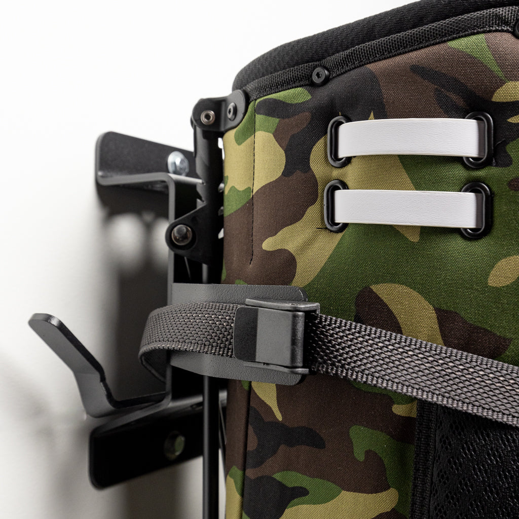 Side view of the golf bag storage showing the single-stud wall mount
