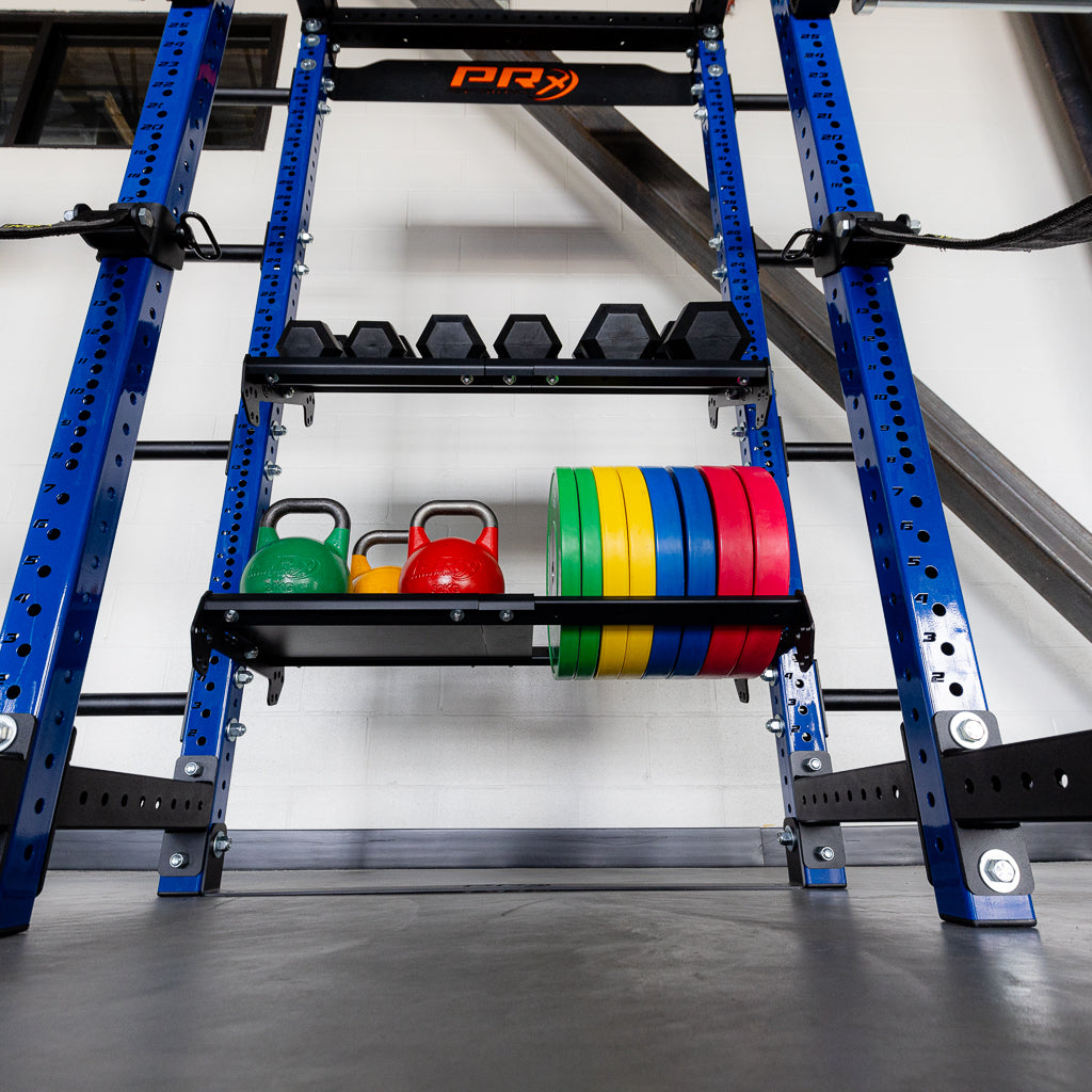 Angled dumbbell storage on the PRx Build Limitless Storage Shelf