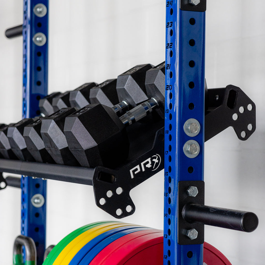 Kettlebells on the flat shelf configuration of the Build Limitless Storage Shelf