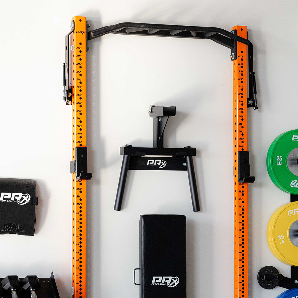 PRx 3x3 Dip Station stored on its wall-mounted storage bracket