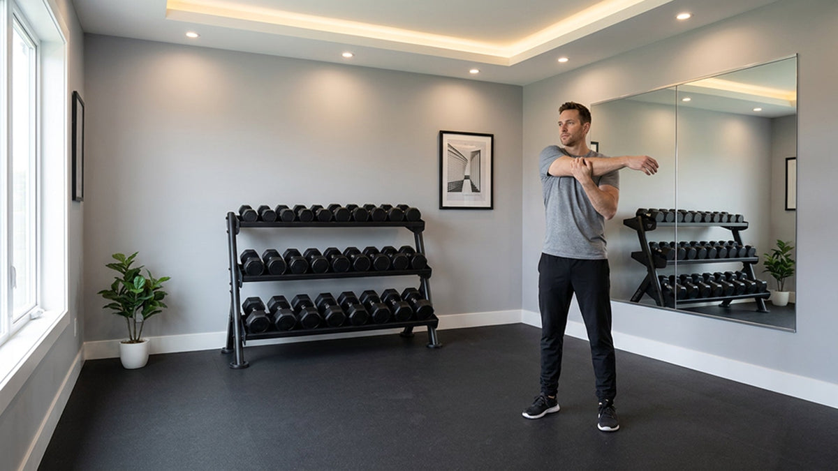 Vision Fitness 400-ADBR Adjustable Dumbbell Rack in a home gym
