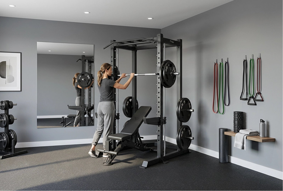 Woman training on the Vision Fitness 400-PR Power Rack with Smith Machine