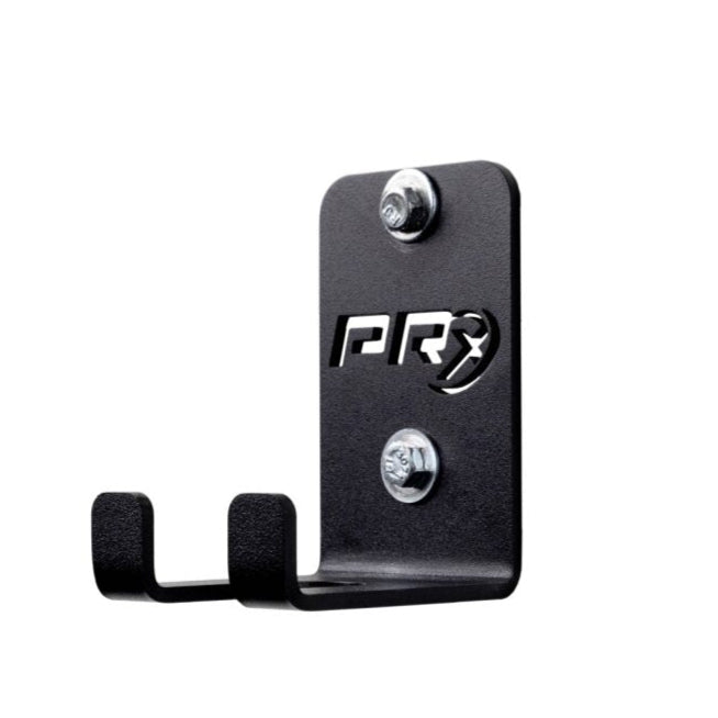 PRx Hanging Barbell Storage holding barbells vertically on a gym wall