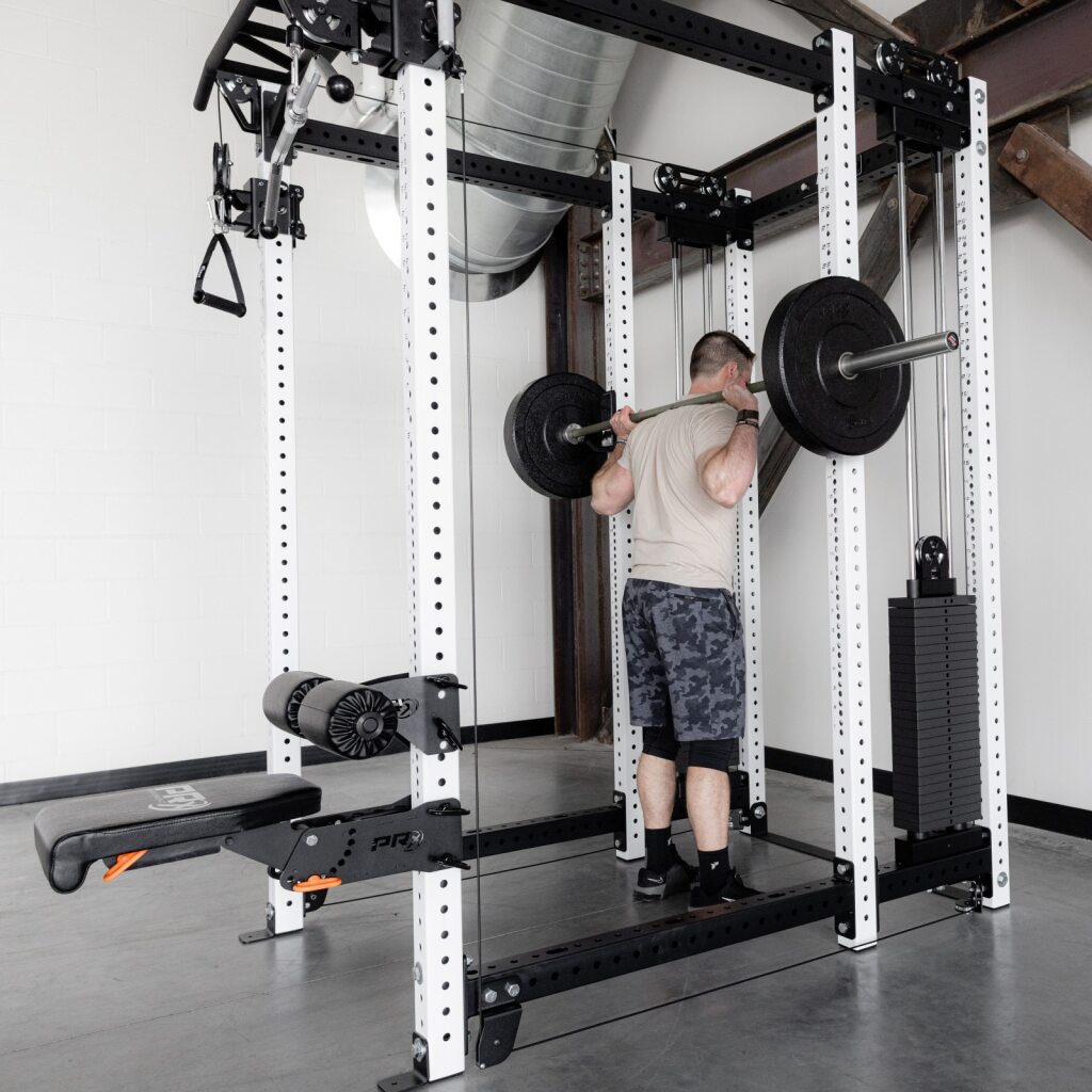 Close view of the 250 lb selectorized weight stack on the 6-post rack