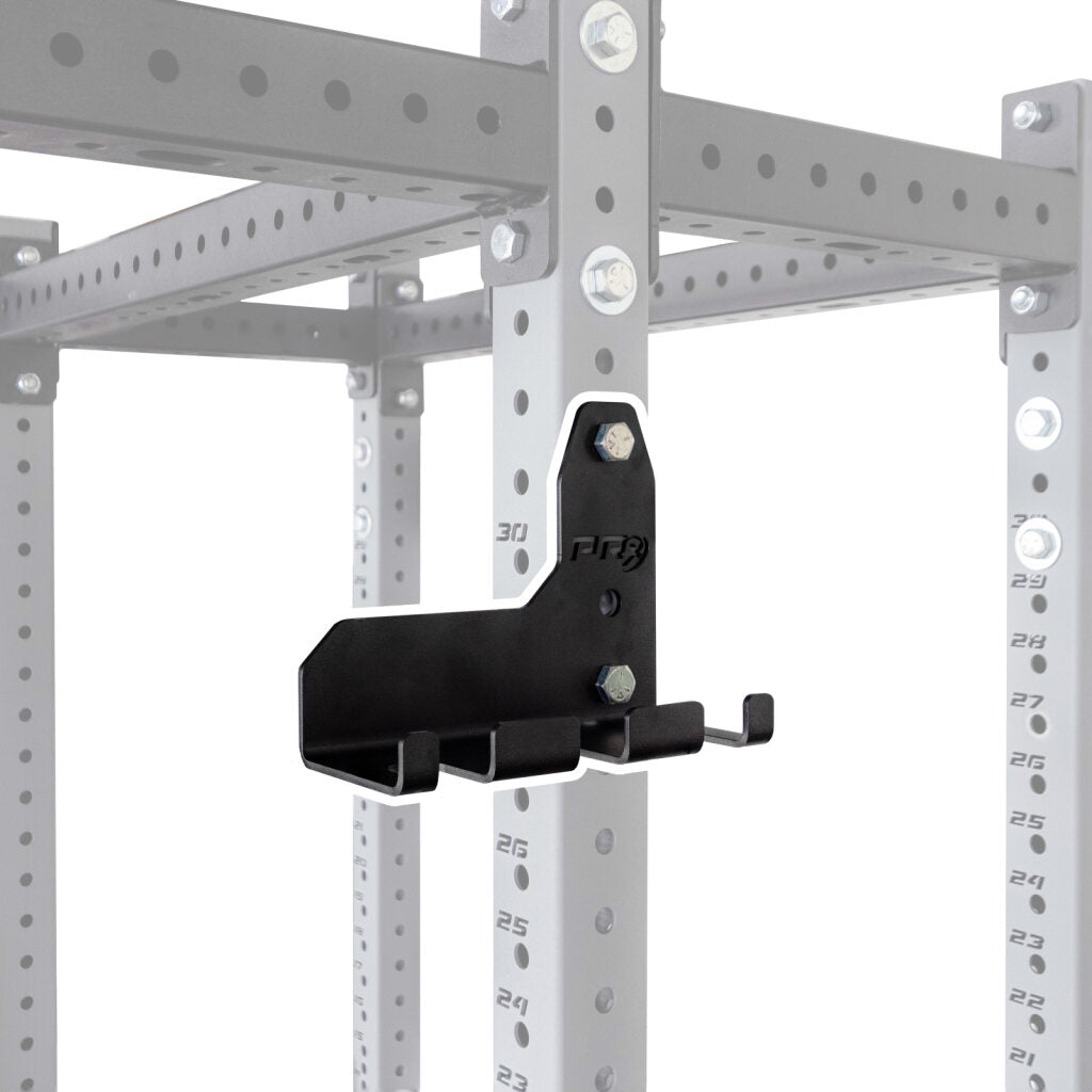 PRx Build Limitless Rack Mount Barbell Storage holding a barbell vertically on a rack upright