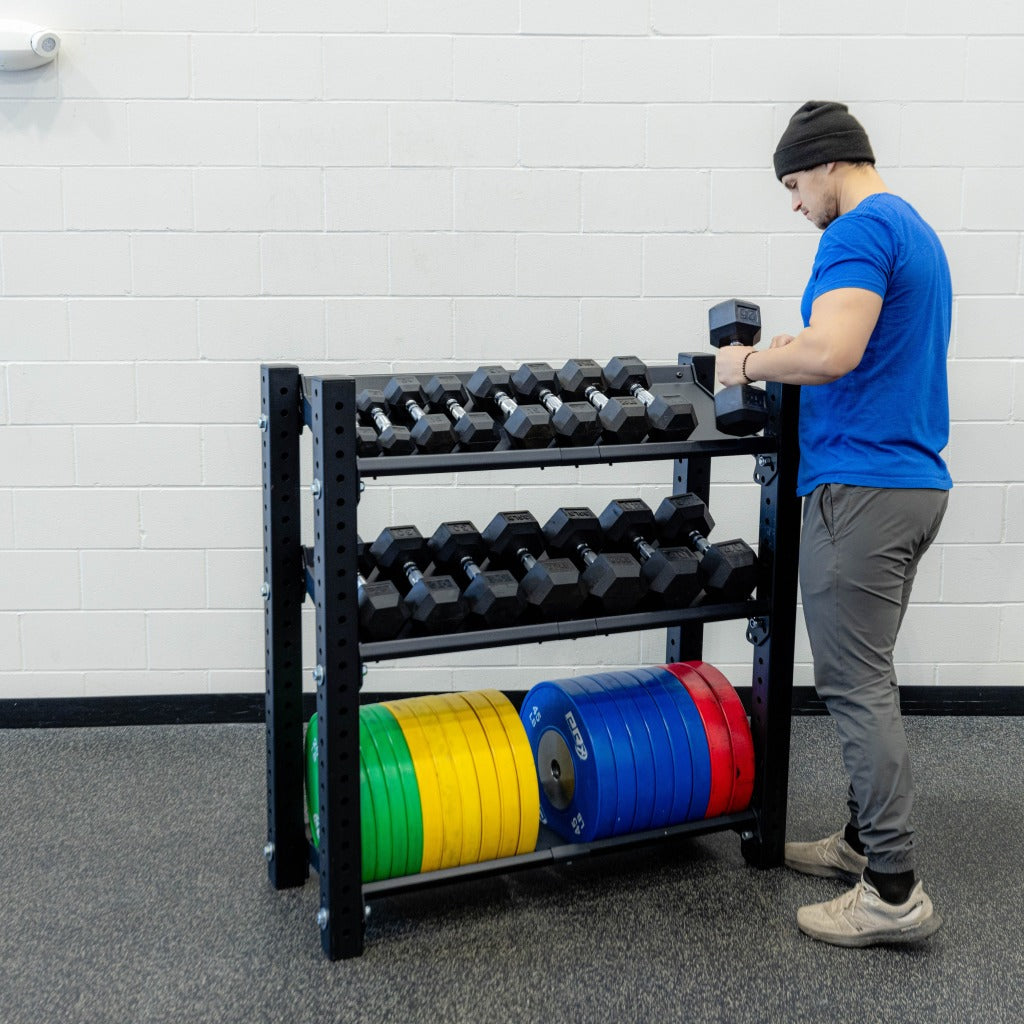 Side view of the PRx freestanding storage frame in black powder coat