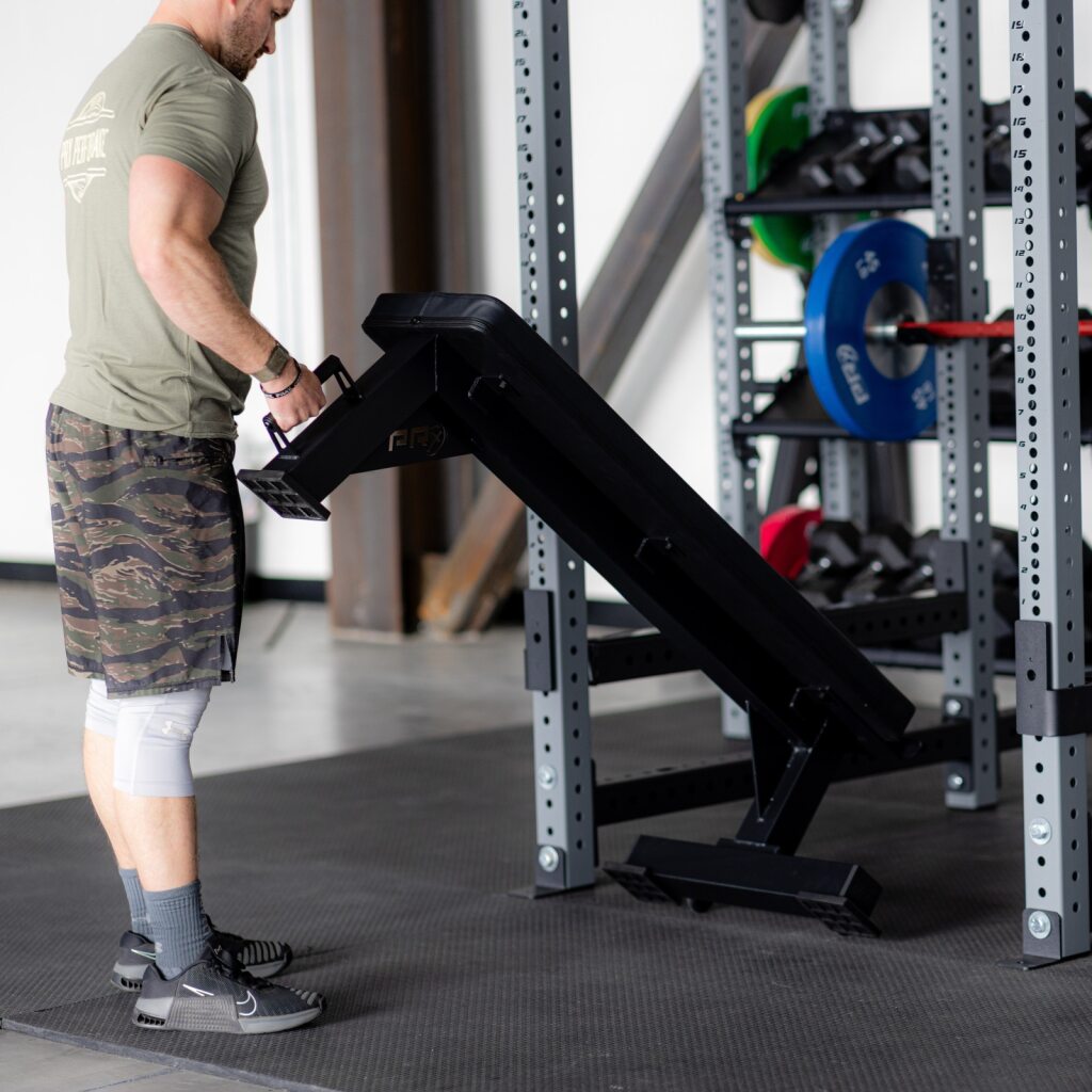 PRx Anchor Weight Bench in a home gym under a barbell rack