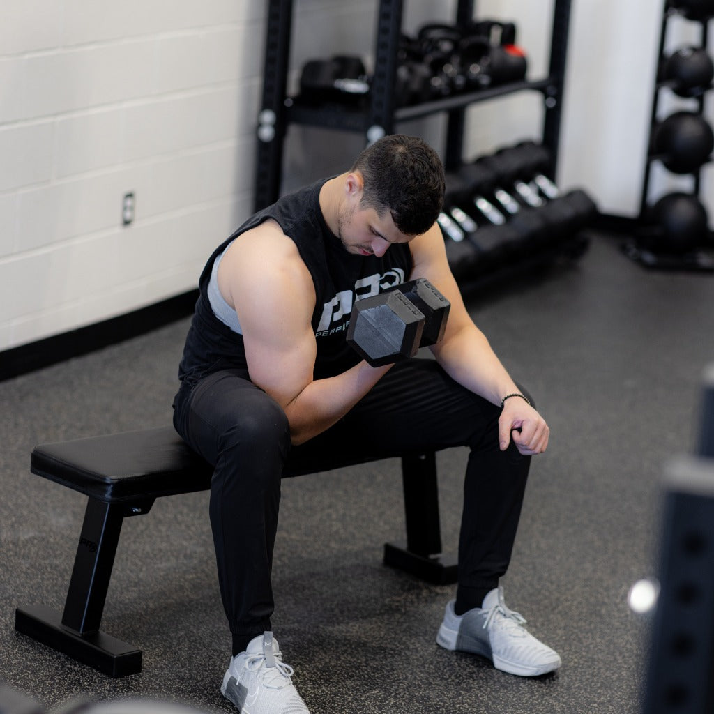PRx Compact Flat Weight Bench pad and frame close-up