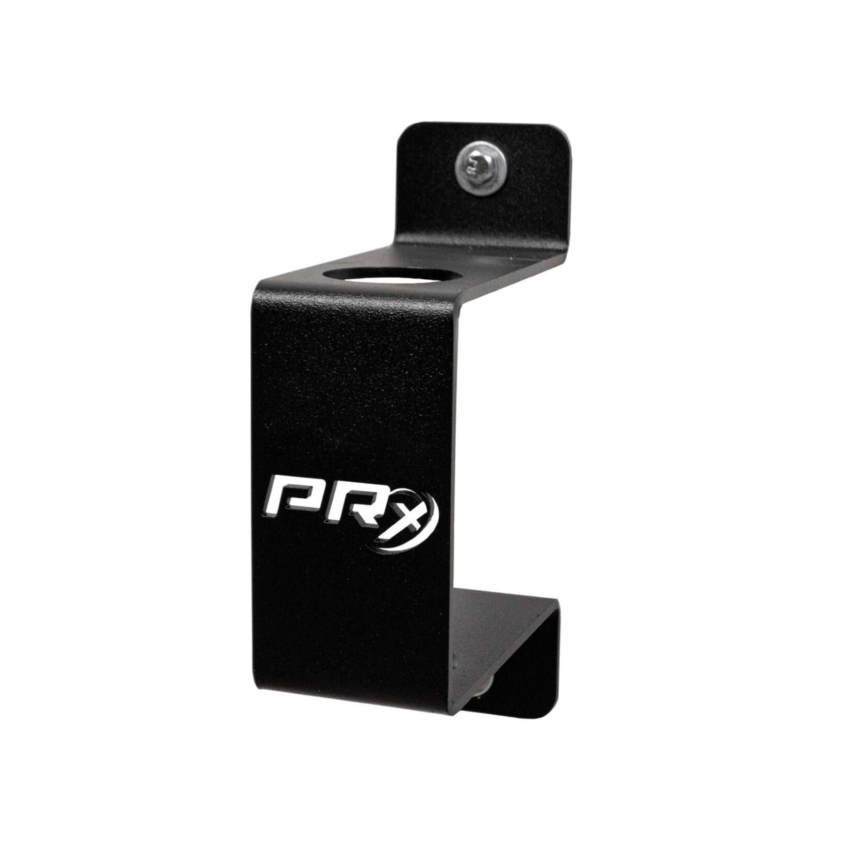 PRx Safety Squat Bar Storage mounted on a wall holding a safety squat barbell