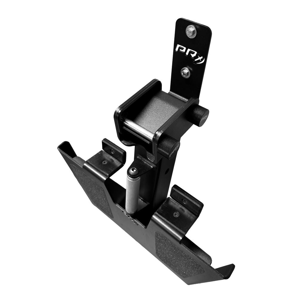 PRx Profile Axis Pad Storage installed beside a Profile rack in a home gym
