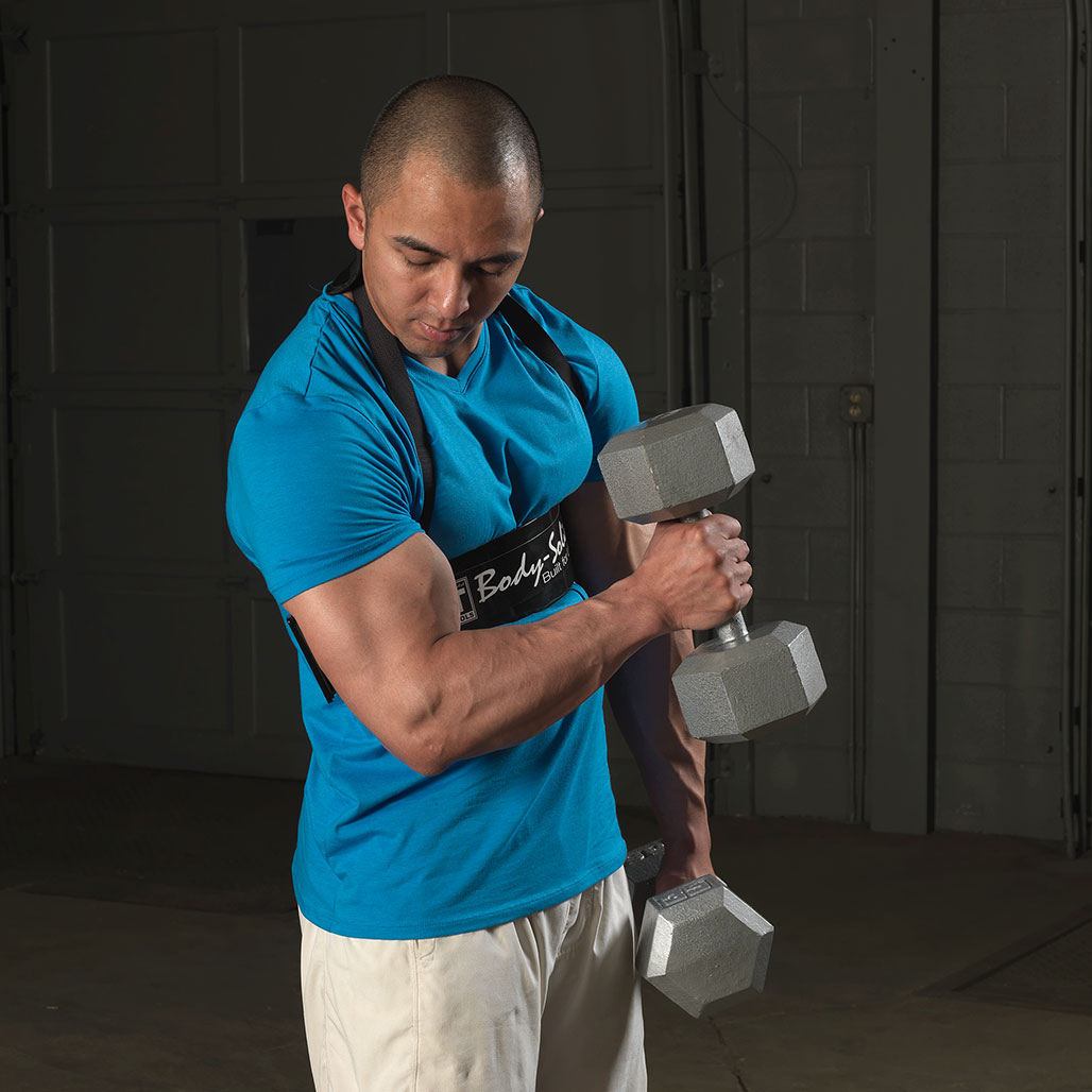 Body Solid Bicep Bomber Arm Curl Harness - in use