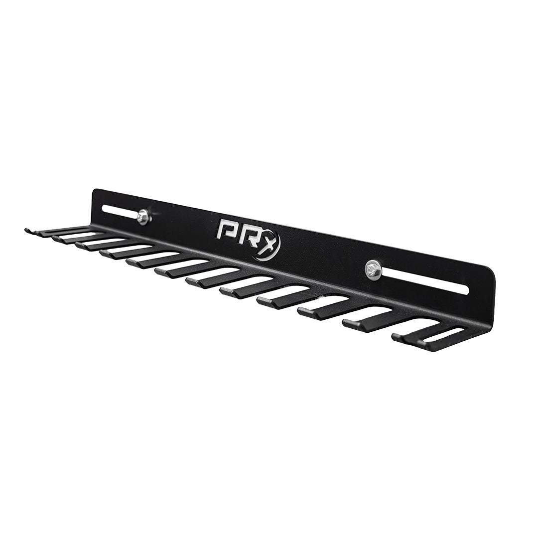 Seven slotted hooks on the PRx Gym Accessory Storage bar