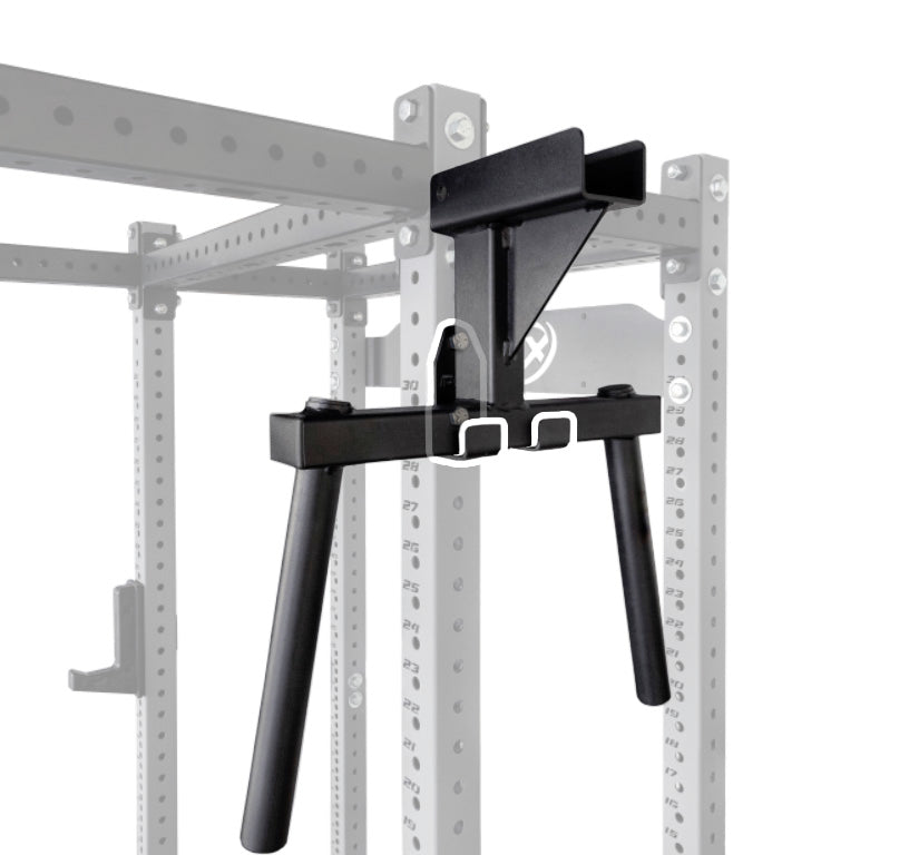 Close-up of the black powder coated Build Limitless dip station storage bracket