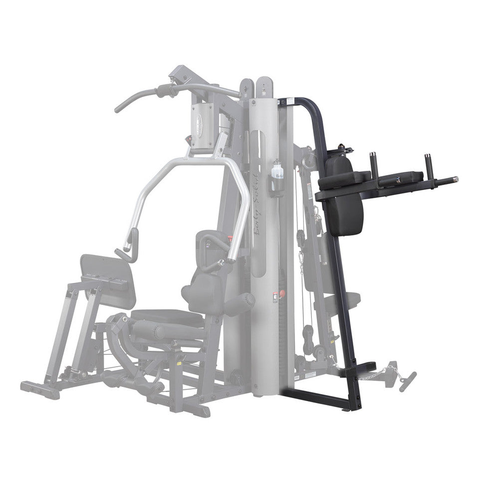 Body-Solid GKR9 Vertical Knee Raise/Dip attachment shown on a G9-series gym (optional add-on)