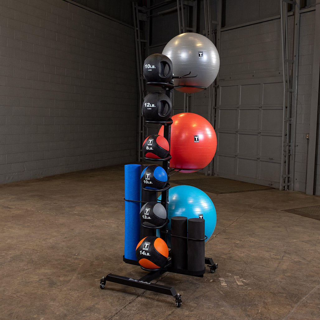 Body-Solid Mobile Multi Accessory Rack - loaded with accessories
