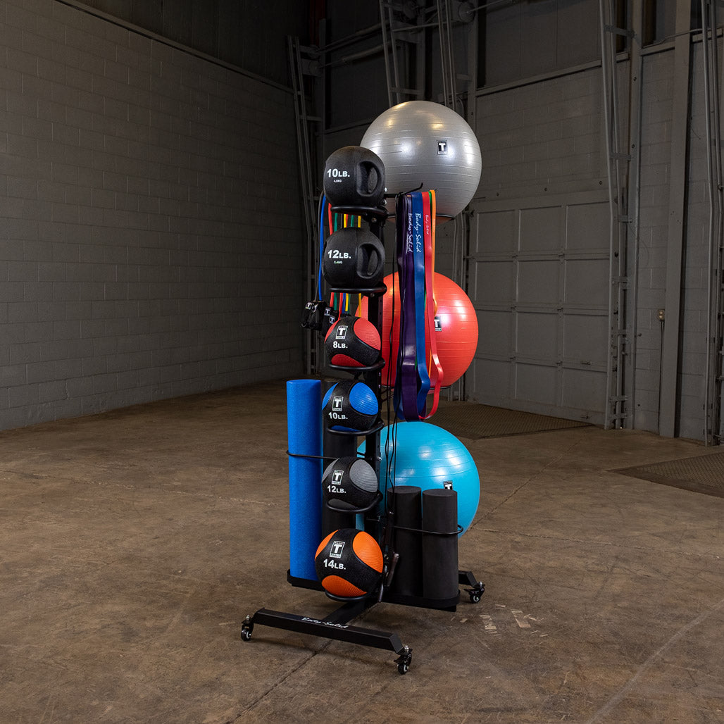 Body-Solid Mobile Multi Accessory Rack - loaded side view