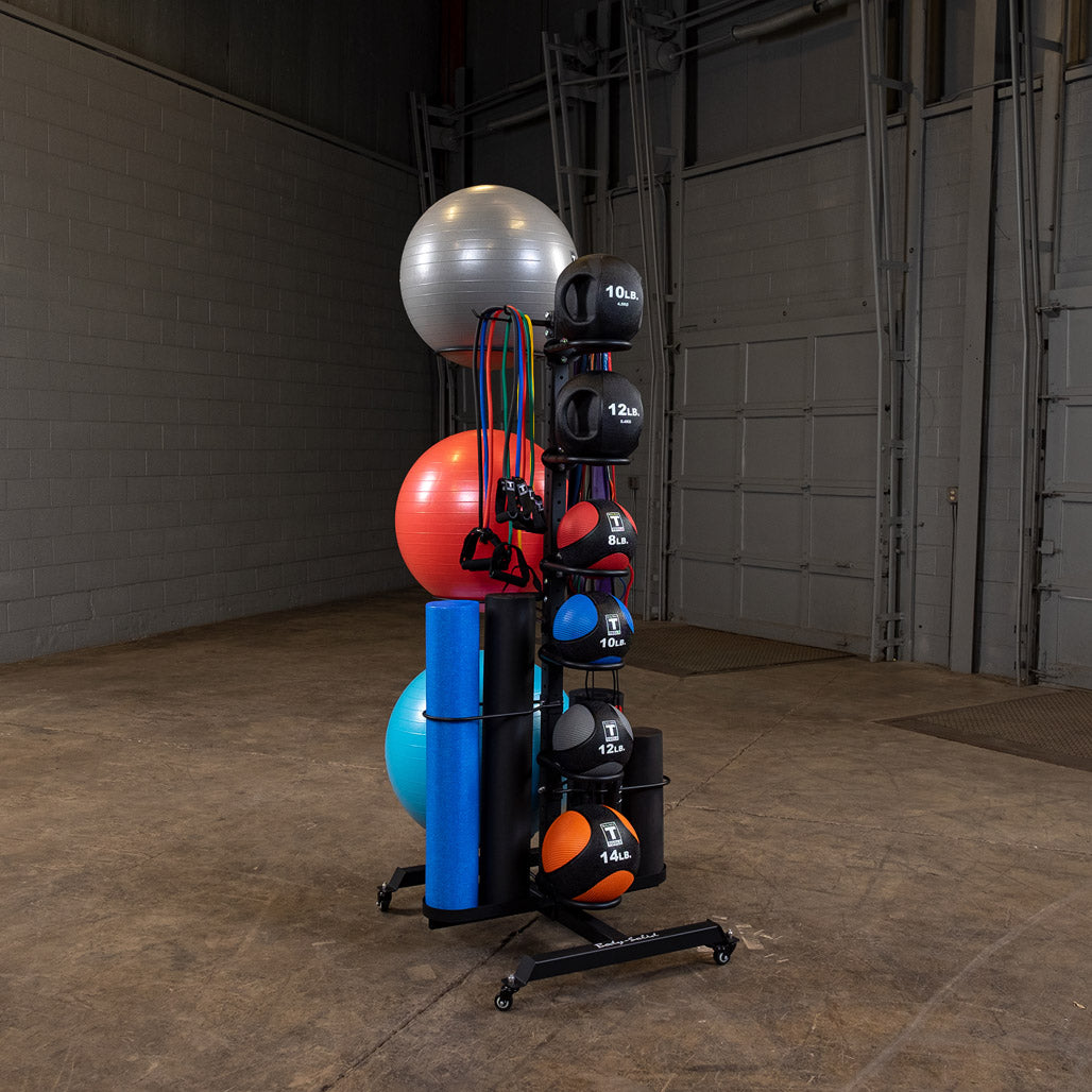 Body-Solid Mobile Multi Accessory Rack - loaded angle view