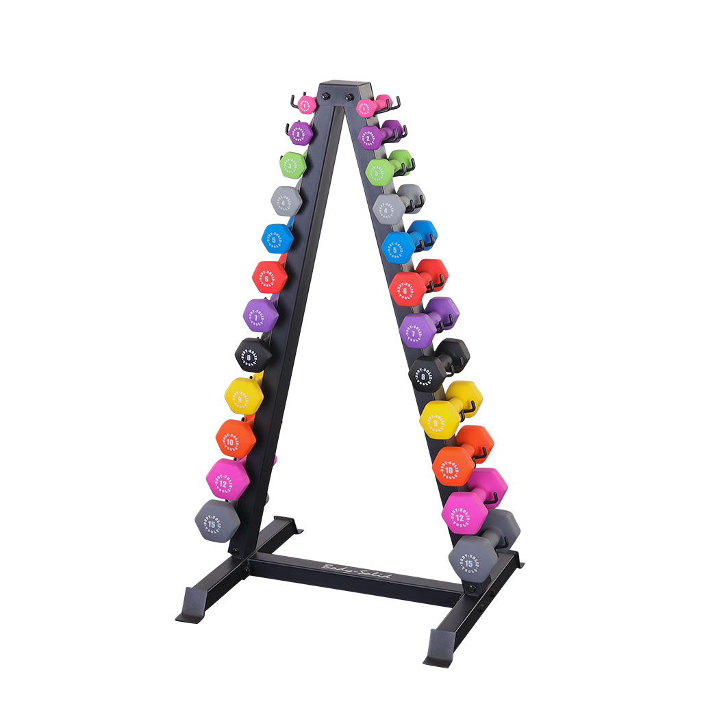 Body-Solid 12 Pair Neoprene Dumbbell Package with Rack - shown with dumbbells