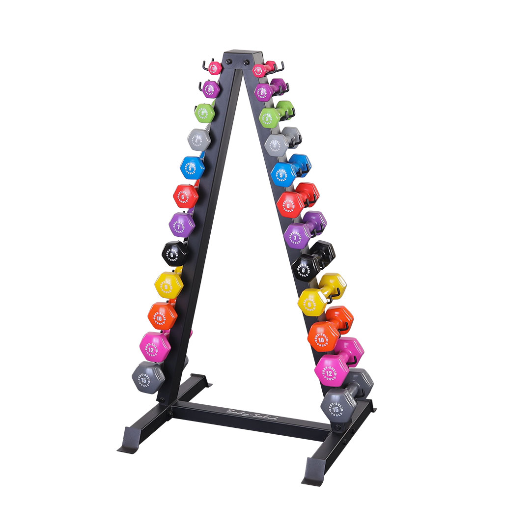 Body-Solid 12 Pair Vinyl Dumbbell Package with Rack - package with rack