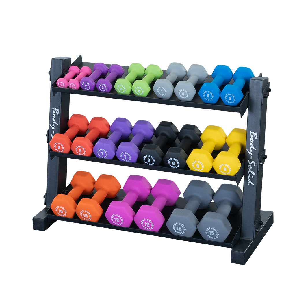 Body-Solid GDR34B rack shown with neoprene dumbbells (sold separately)