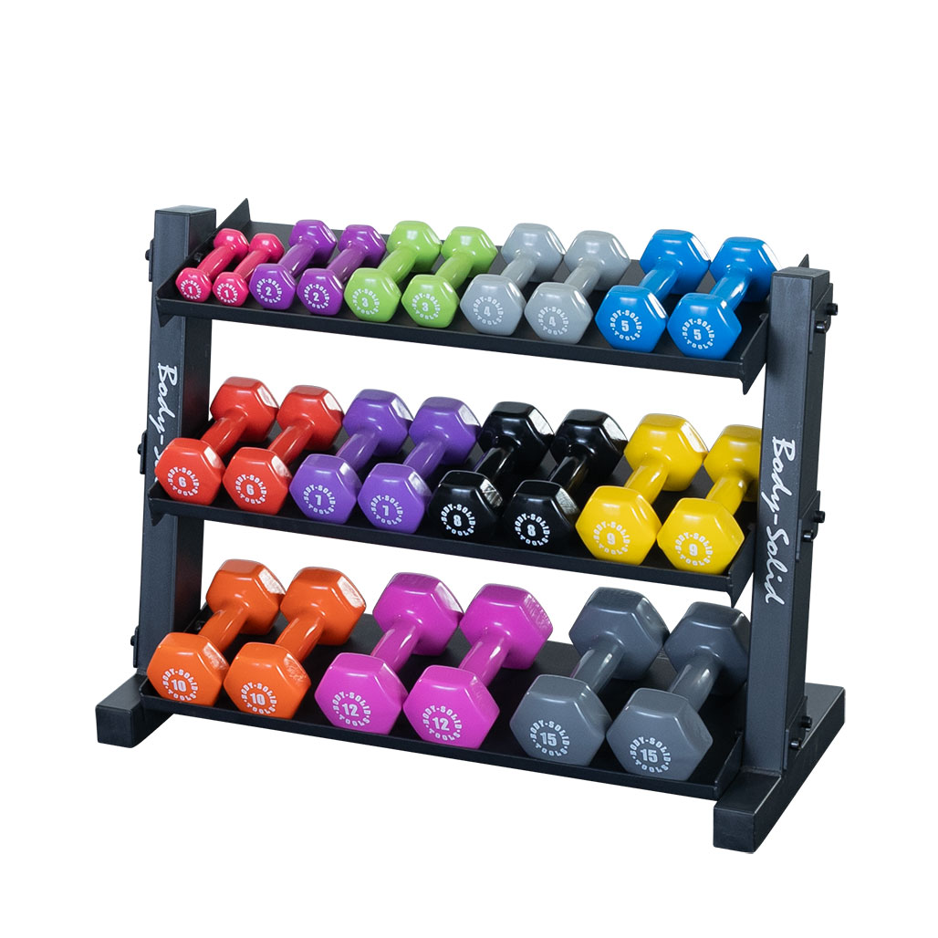 Body-Solid GDR34B rack shown with vinyl dumbbells (sold separately)