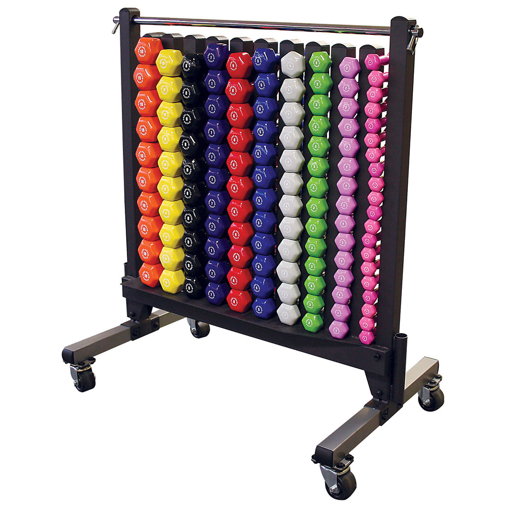 Body-Solid Commercial Vinyl and Neoprene Dumbbell Rack - shown with dumbbells