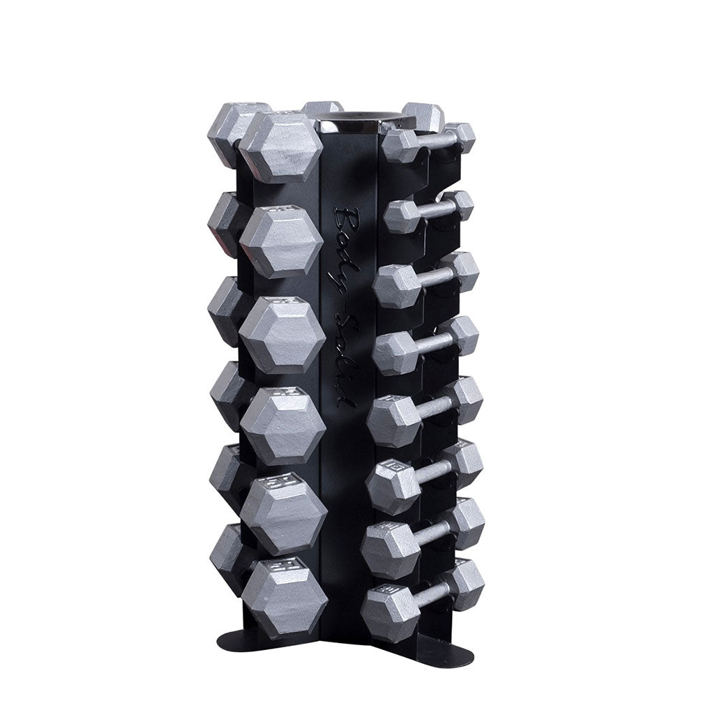 Body-Solid 3-Side Vertical Dumbbell Rack for 5-50 lb. Hex Dumbbell Sets - Shown with dumbbells