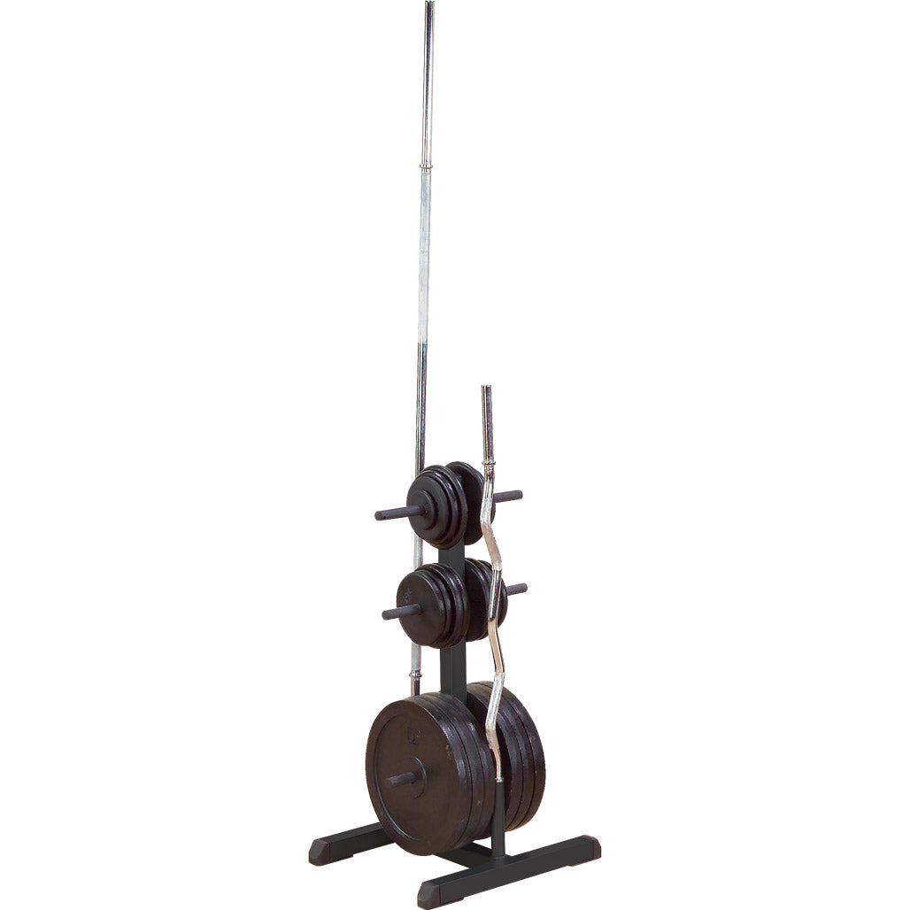 Body-Solid 6-Post Weight Tree and Bar Holder for Standard Weight Plates - loaded with plates and bar