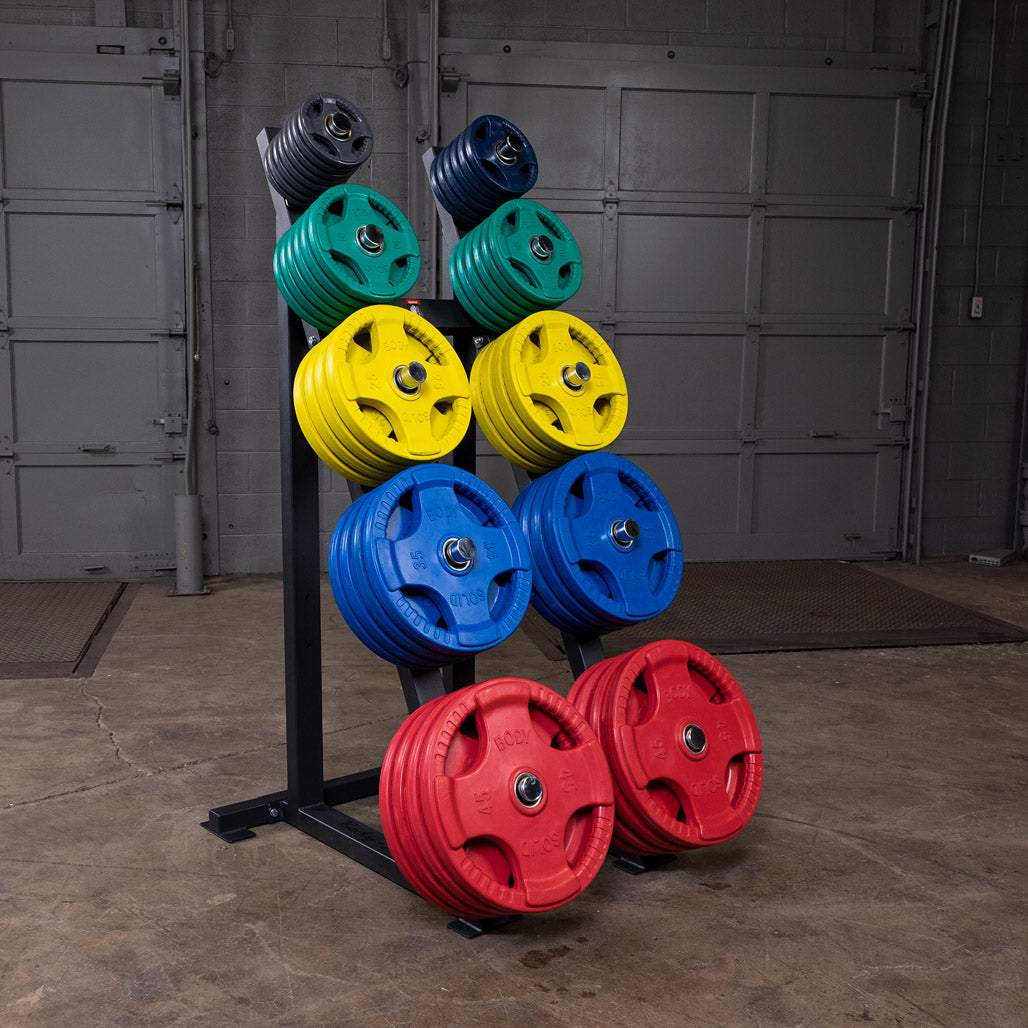 Body-Solid High Capacity Olympic Plate Rack - loaded with colored bumper plates