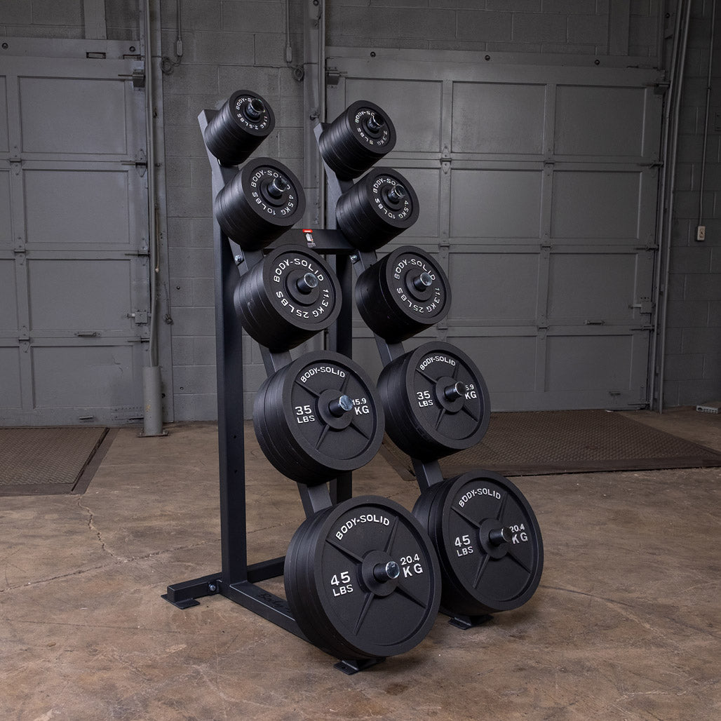 Body-Solid High Capacity Olympic Plate Rack - loaded with black plates