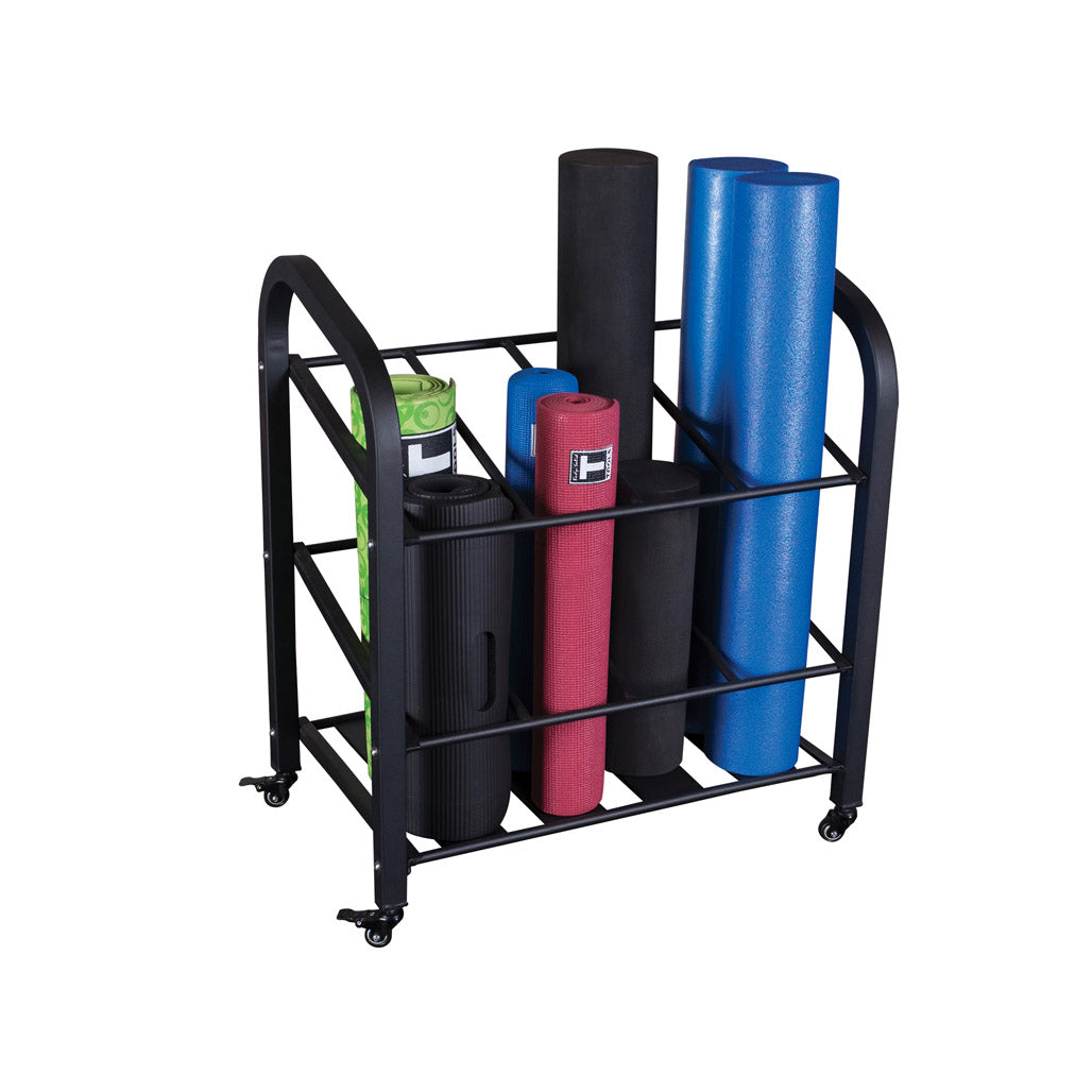 Body-Solid Foam Roller & Yoga Mat Rack - loaded with rollers and mats