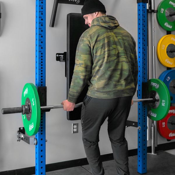 PRx Hammerhead Rackable Curl Bar racked in J-cups
