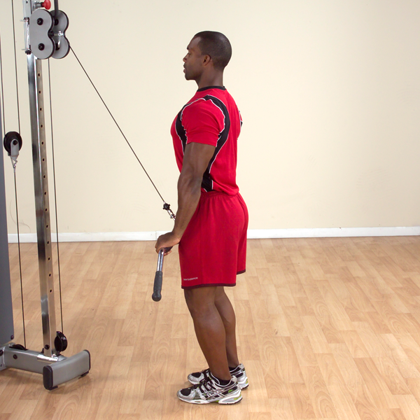 Body-Solid Tools Pro-Grip Pro-Style Lat Bar - in use, straight arm triceps extension