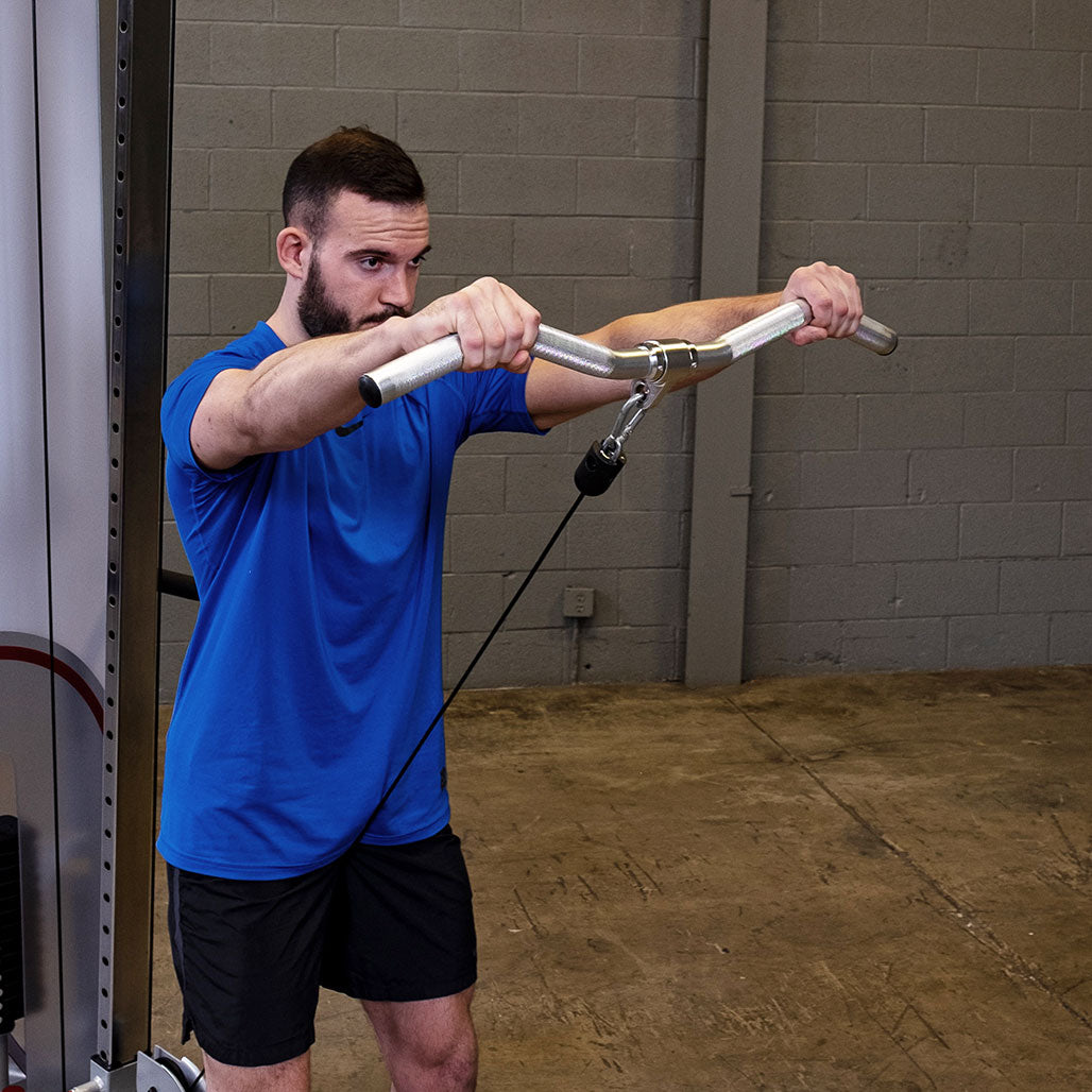 Body-Solid Tools Aluminum Revolving Curl Bar - in use, cable curl