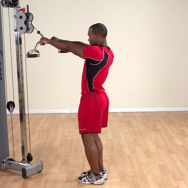 Body-Solid Tools Pro-Grip Multi-Grip Lat Bar - in use, straight arm pulldown