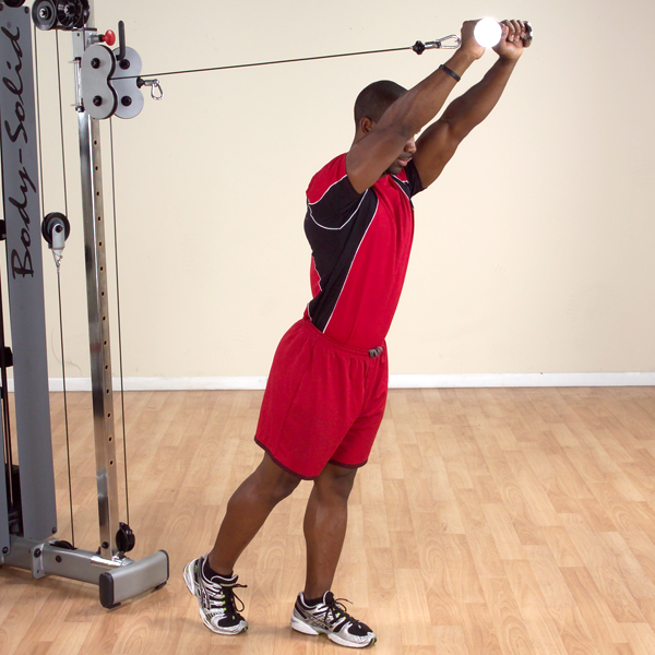 Body-Solid Tools Pro-Grip Tricep Handle - in use, standing triceps extension