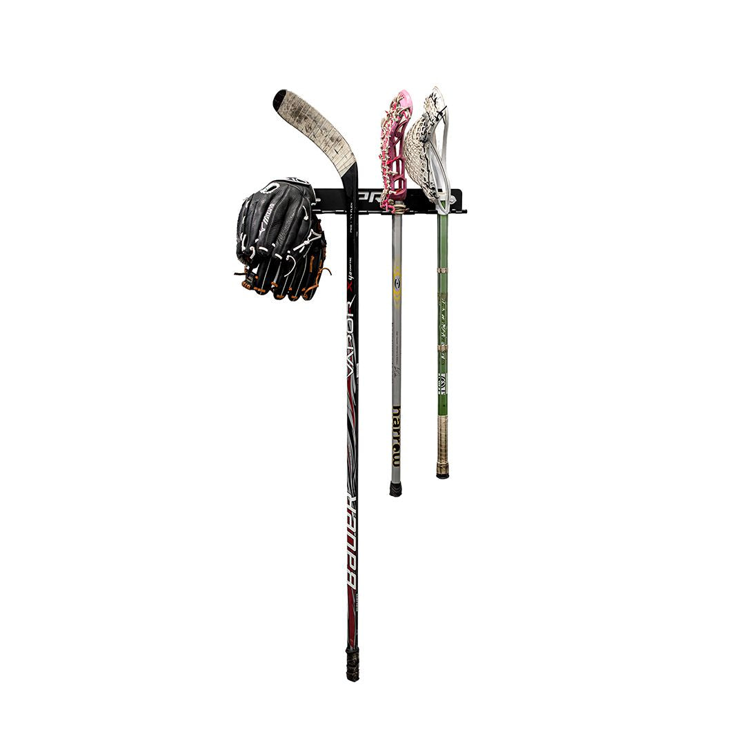 Close-up of the black powder-coated steel accessory storage bar