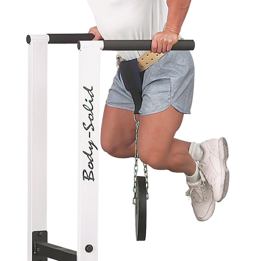 Body-Solid Tools Nylon Dipping Strap with Chain - in use, weighted dip