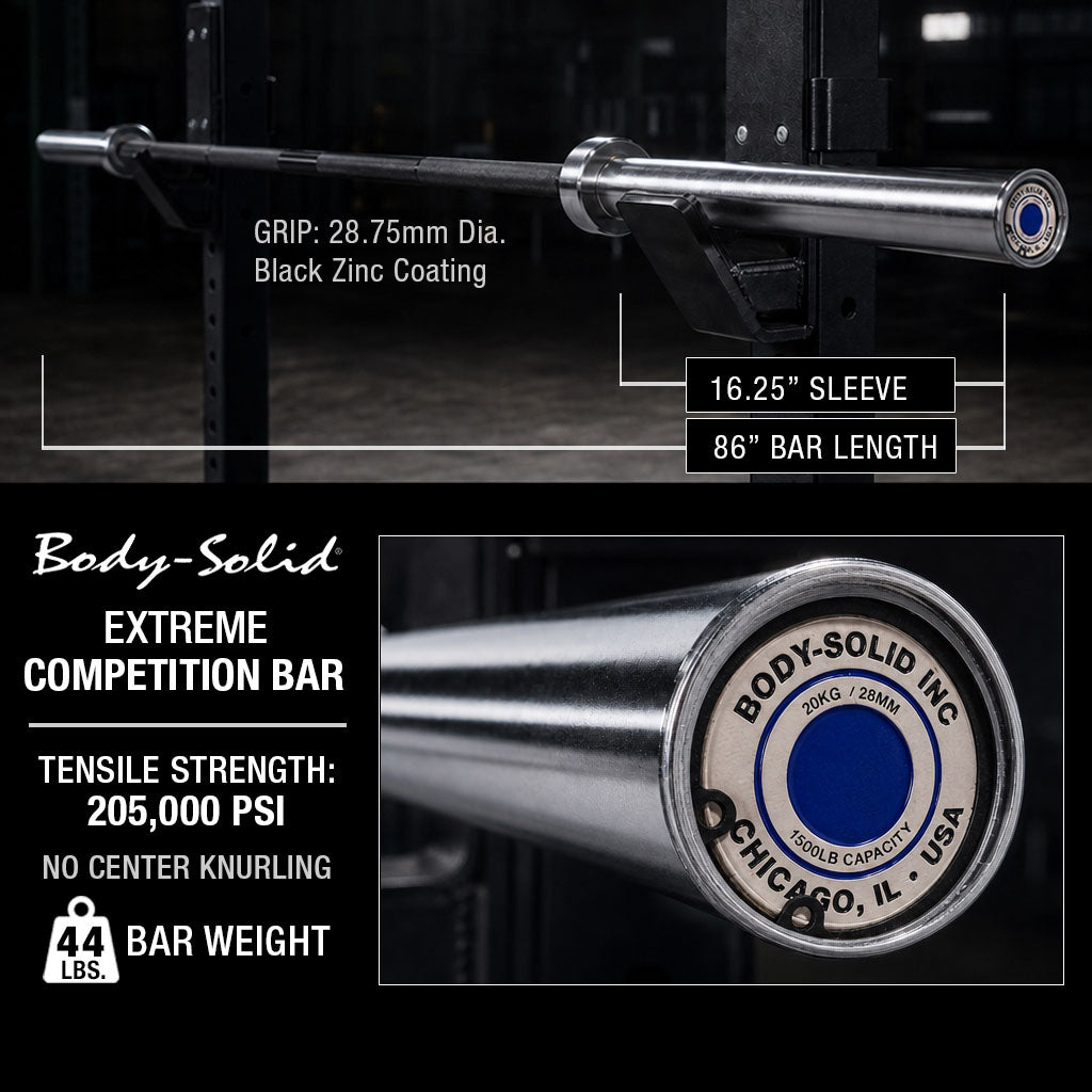Body-Solid Extreme Olympic Bar 28 mm Needle Bearings 1500 lb. Capacity - Features overview