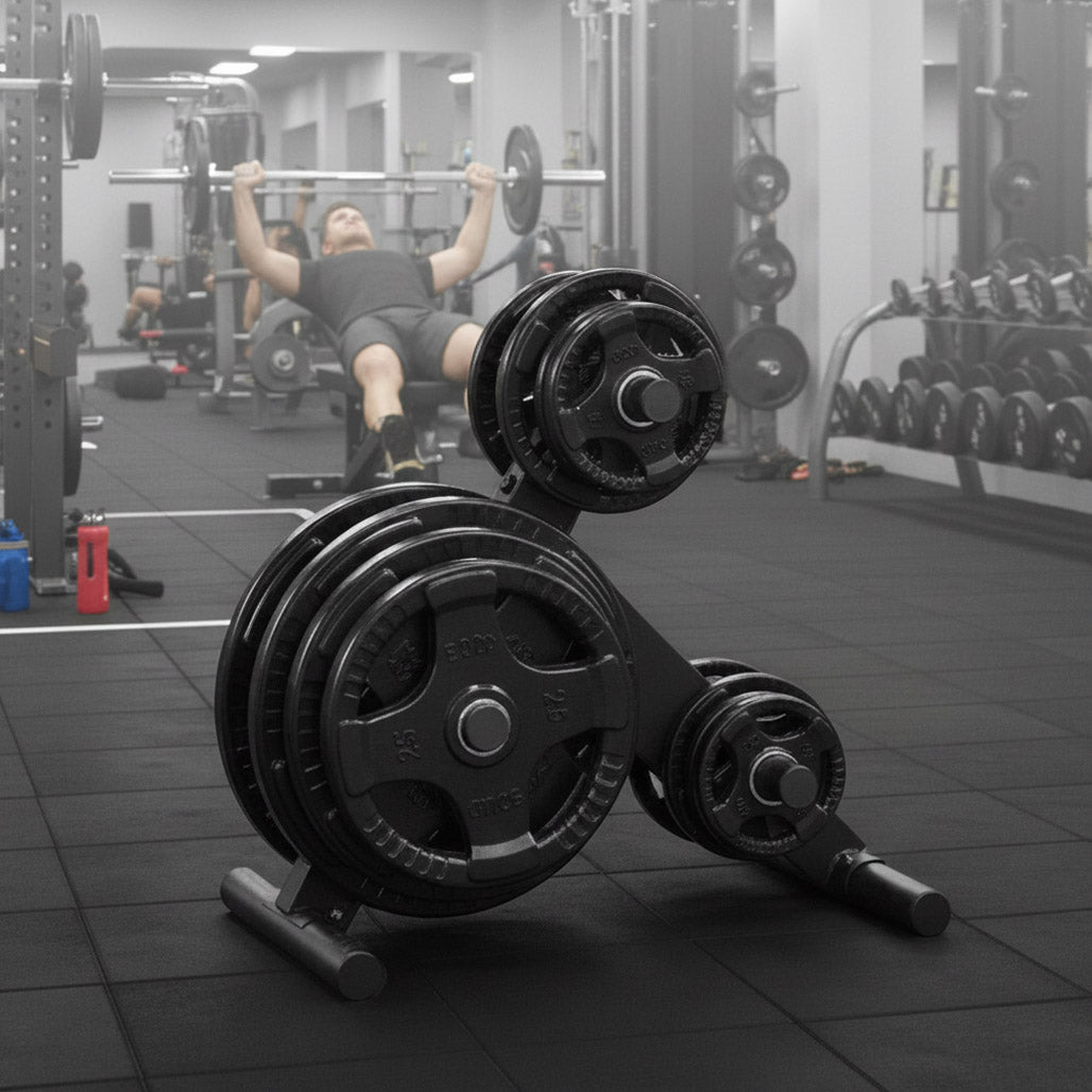 Body-Solid EZ-Load Weight Tree for Olympic Weight Plates - loaded with plates