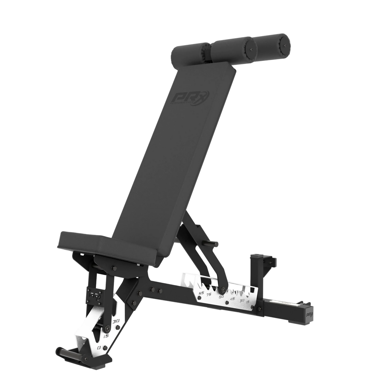 PRx Razortooth Weight Bench with leg rollers set to incline